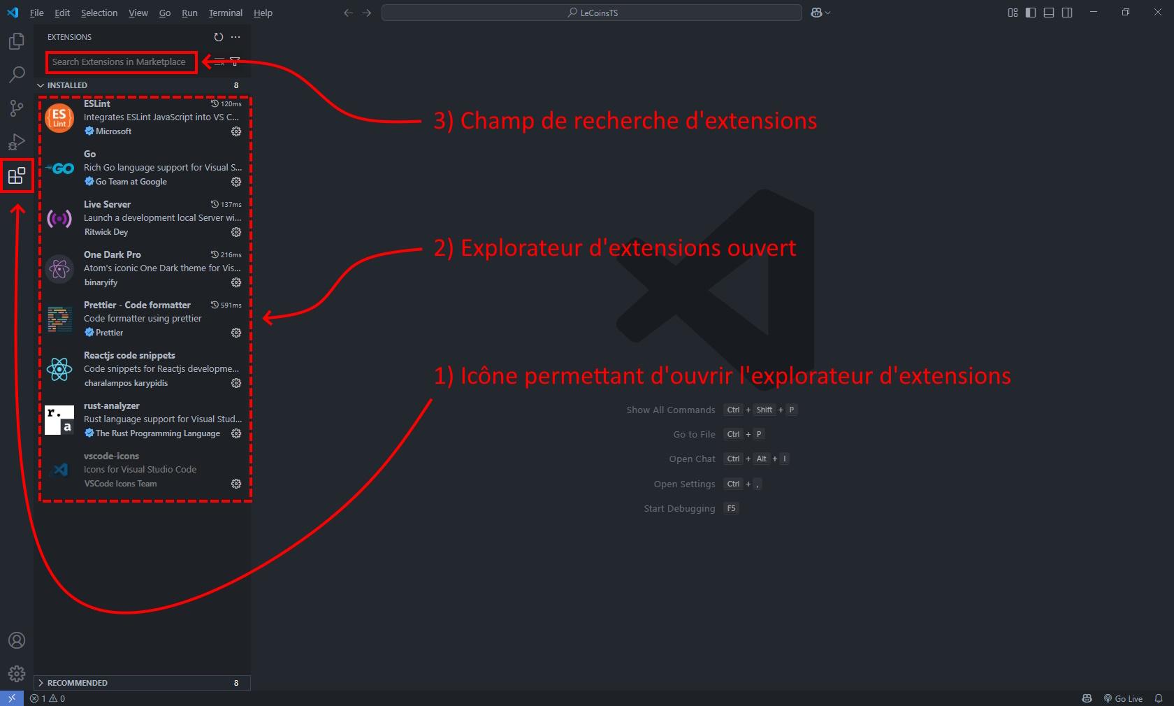Aperçu menu extensions VScode pour TypeScript, avec ESlint, Prettier, vscode-icons, et plus encore pour optimiser et améliorer son développement TS