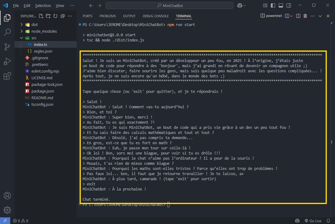 Aperçu questions réponses d'un mini chat bot TypeScript, pour apprendre à coder en TS proprement avec interaction utilisateur au clavier