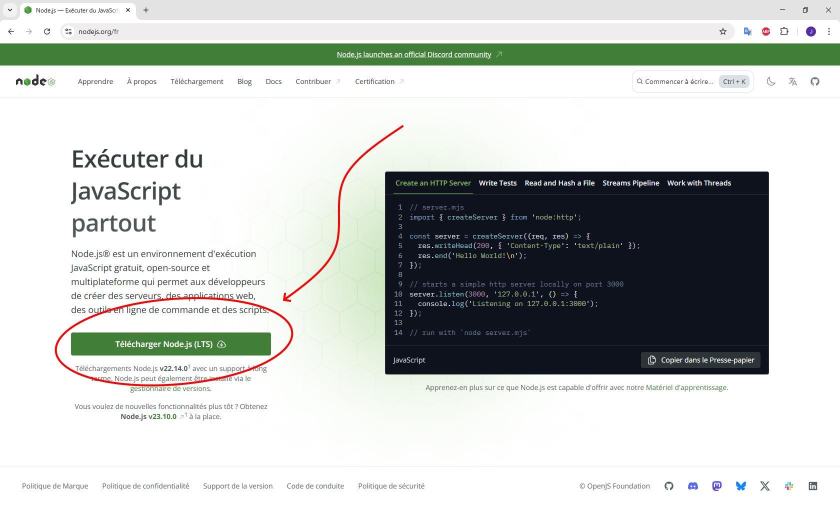 Aperçu site NodeJS pour installation version LTS, pour utilisateurs français souhaitant exécuter du code typescript ensuite