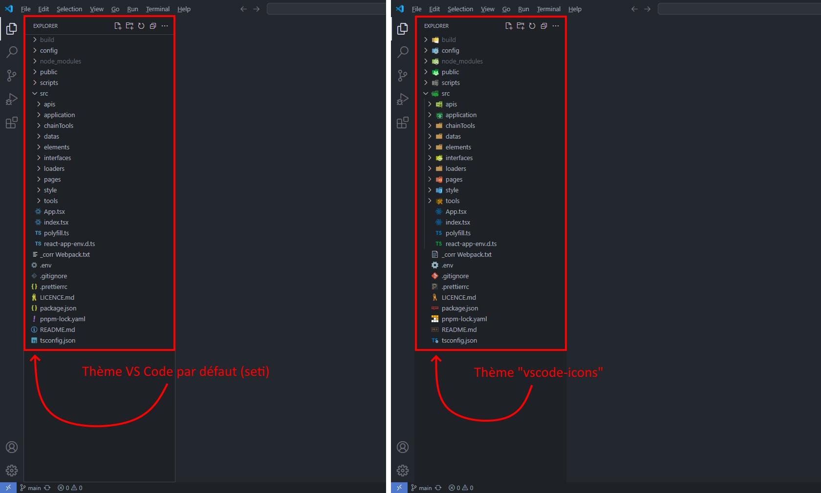 Application thème icônes VScode dans l'explorateur de fichiers et dossiers, affichage coloré agréable et efficace pour s'organiser