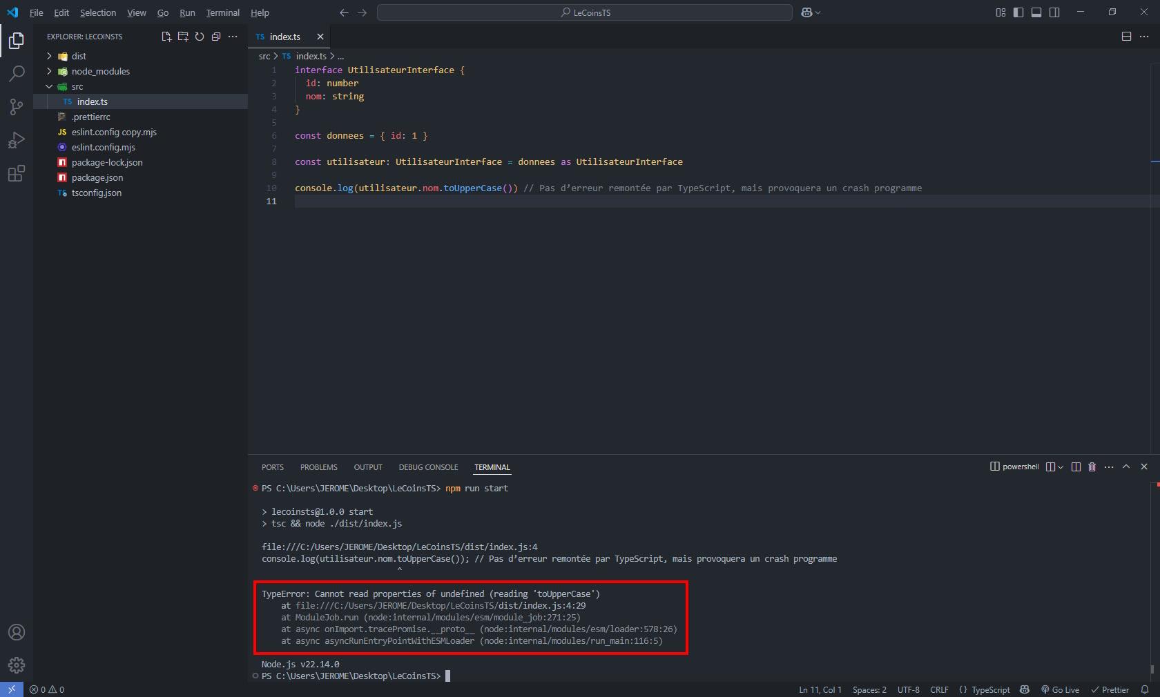 Crash programme node sur propriété undefined dans vscode, exemple pour apprendre TypeScript avec astuces et bonnes pratiques pour éviter erreurs
