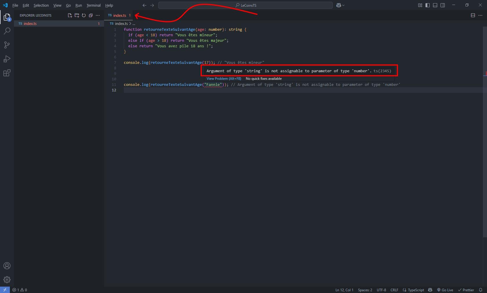 Erreur de type dans code TypeScript, avec string mis à la place d'une number dans une fonction typée, détection d'erreur sous VS Code avec alerte