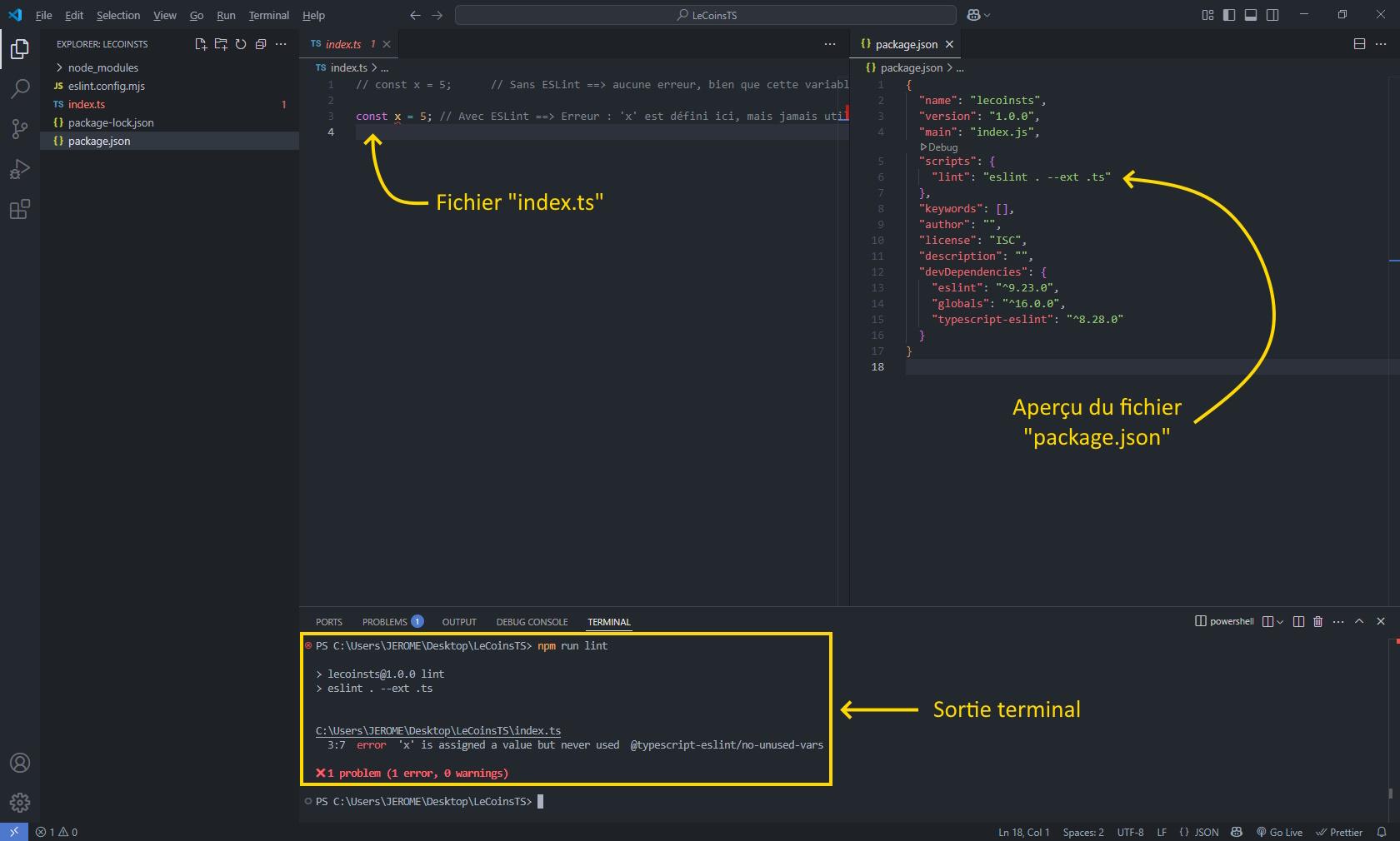 ESlint dans terminal VS Code avec exemple test de variable non utilisée, erreur remontée par le linter au niveau de la constante créée et initialisée