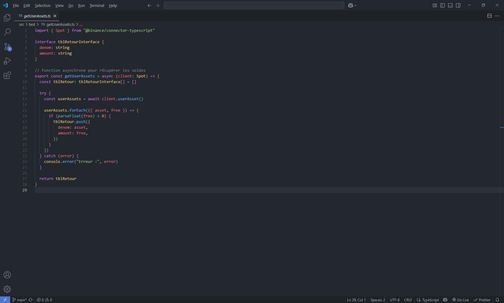 Exemple de code TypeScript écrit sur VScode, montrant le typage statique présent, par rapport au codage Javascript pur, avec coloration syntaxique