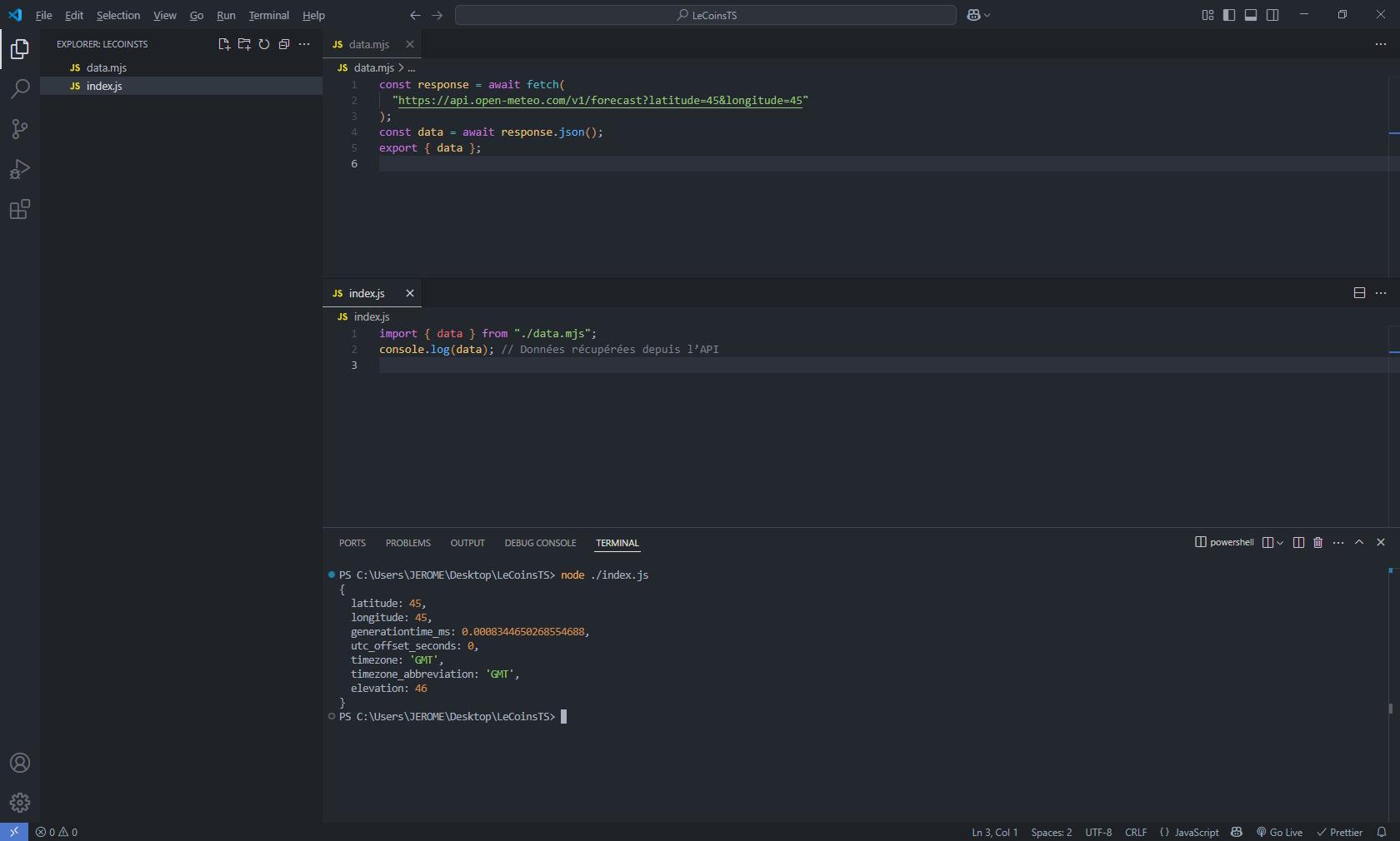 Exemple de fetch API avec await top level sous VSCode, pour débutants javascript avec fonctions asynchrones dans modules JS, tuto apprentissage dev
