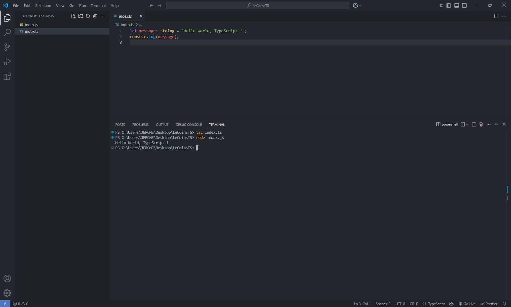 Exemple hello world typescript avec compilation tsc et exécution avec node sous VS Code, tutorial pour apprendre à coder en TypeScript sous VScode