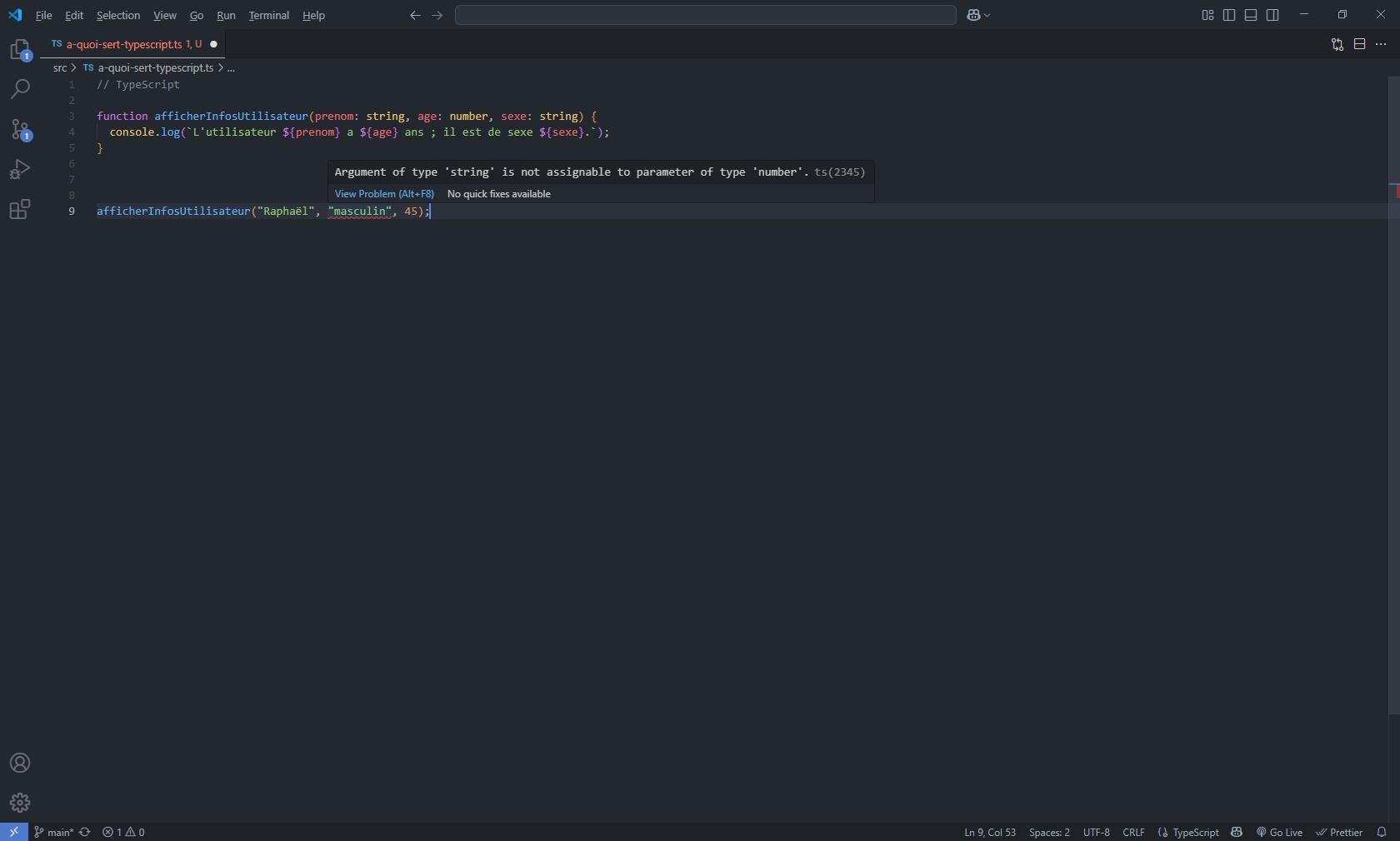 Exemple de mélange de types contrôlés par TypeScript, ici du type string vers le type number, en paramètre de fonction TS avec typage