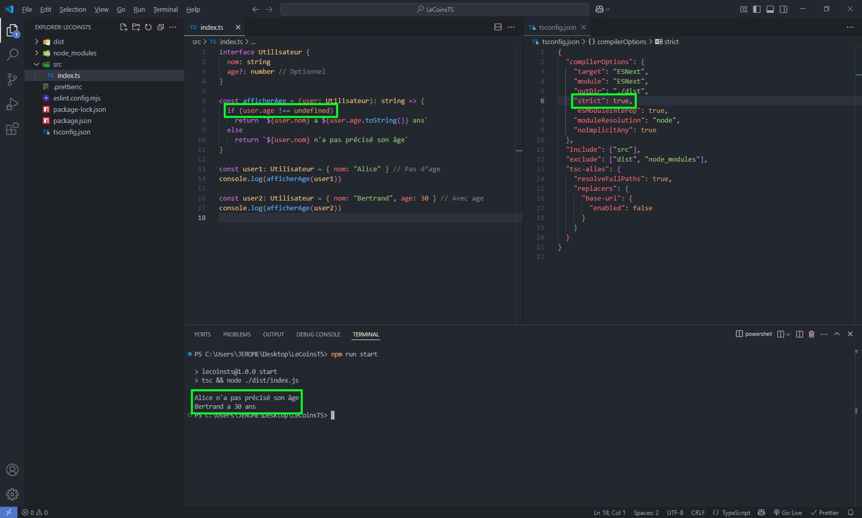Exemple de prise en charge undefined dans le code TS sous VSCode, en vue de l'apprentissage des bonnes pratiques TypeScript avec programmes