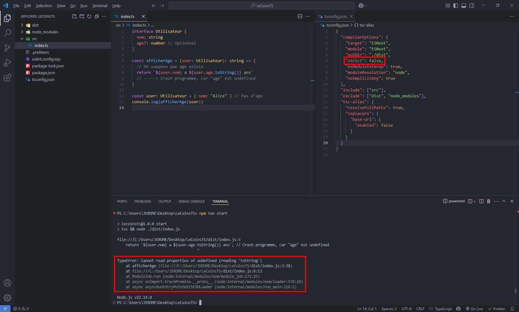 Exemple problème undefined si strict = false dans fichier tsconfig.json, exemple didactique pour apprendre le TypeScript avec des codes pratiques