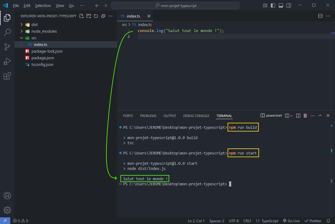 Exemple salutation typescript vscode pour débutant TS, illustration usage package.json et tsconfig.json dans projet simple pour apprendre