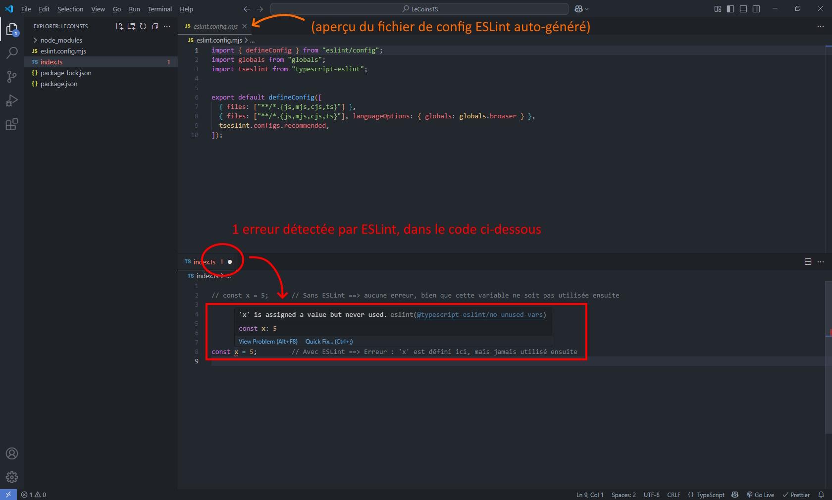 Fichier de configuration ESLint vscode autogénéré, avec exemple de code TypeScript montrant variable non utilisée générant une erreur par le linter