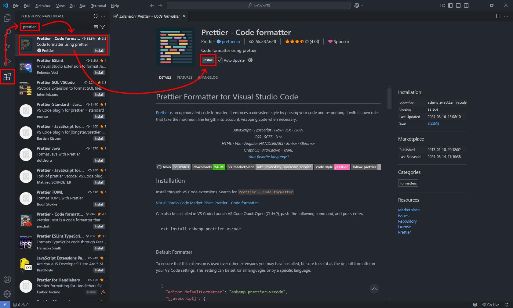 Installation Prettier VScode via extension sous Windows, pour le formatage automatique de code TypeScript ou Javascript automatiquement