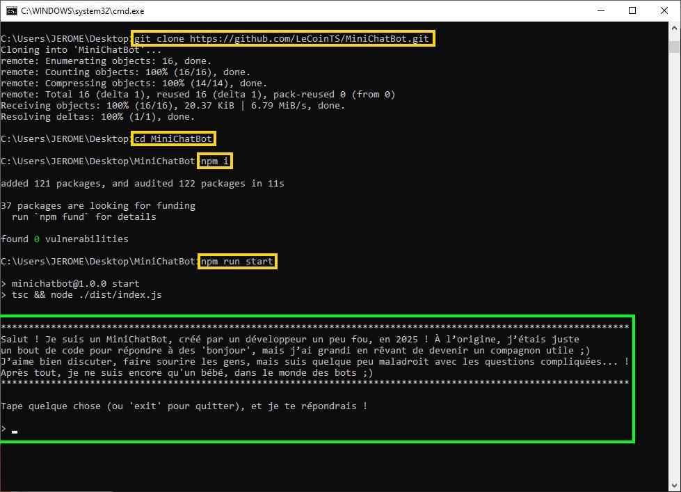 Téléchargement et installation mini chat bot typescript depuis terminal Windows cmd, pour apprendre TS à travers un projet ludique pour débutant