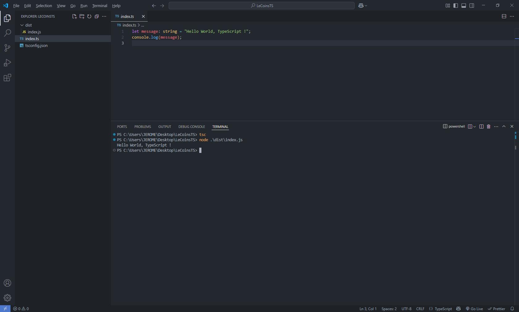 Typescript Hello World compilé avec tsc sous vscode, exemple d'apprentissage TS pas à pas, avec exécution NodeJS des fichiers JS générés avec tsc